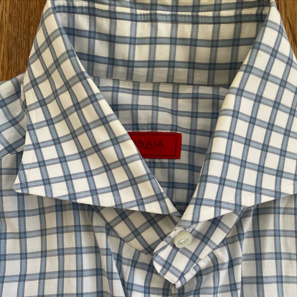 ISAIA Blue Grid Check Shirt 15.5/39 Made In Italy Spread Collar 100% Cotton
